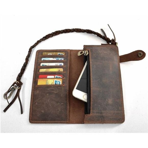 Mens Wallet with Chain Leather Long Bifold Trucker Wallet Vintage Biker Money - Picture 5 of 8